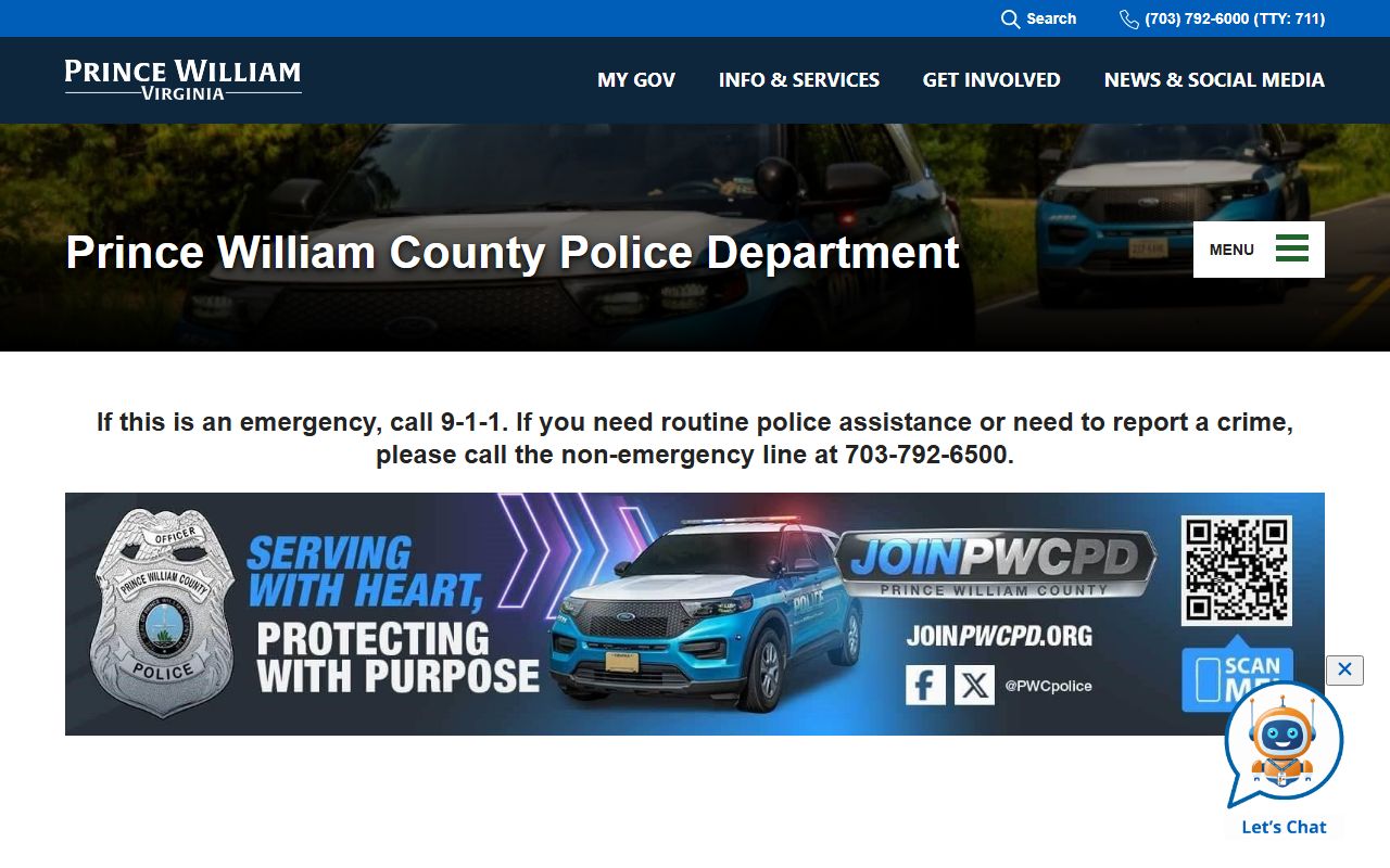 Prince William County Police Department website for traffic enforcement and records