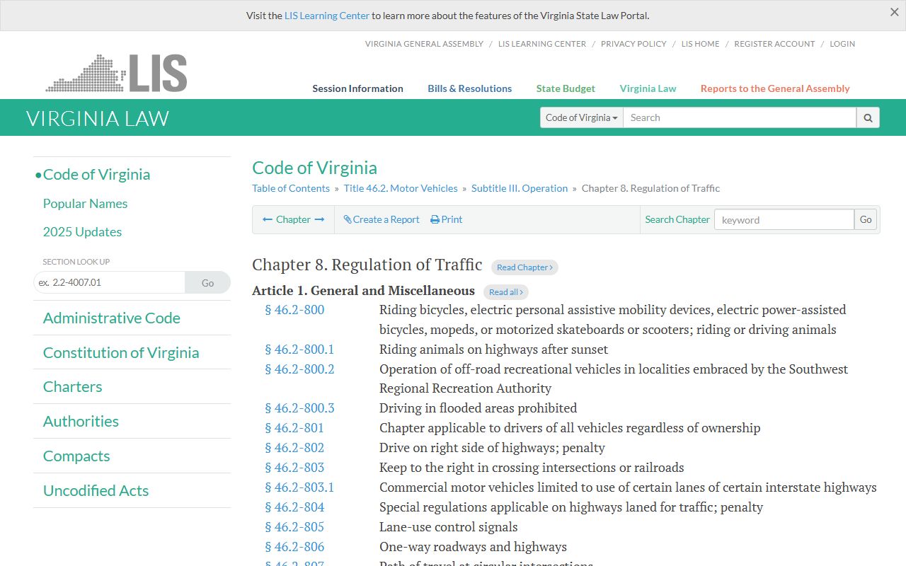 Virginia Code Chapter 8 regulation of traffic