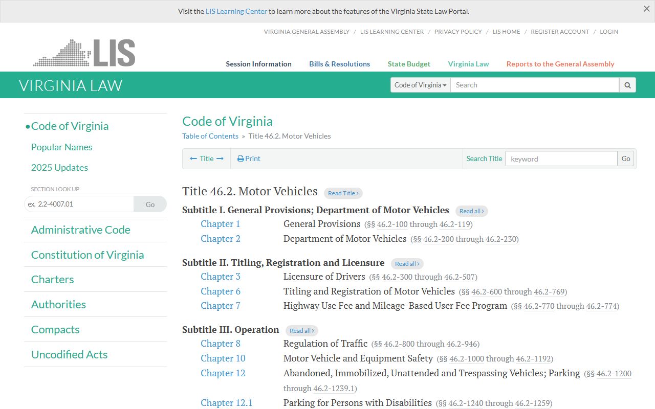 Virginia Code Title 46.2 motor vehicle laws