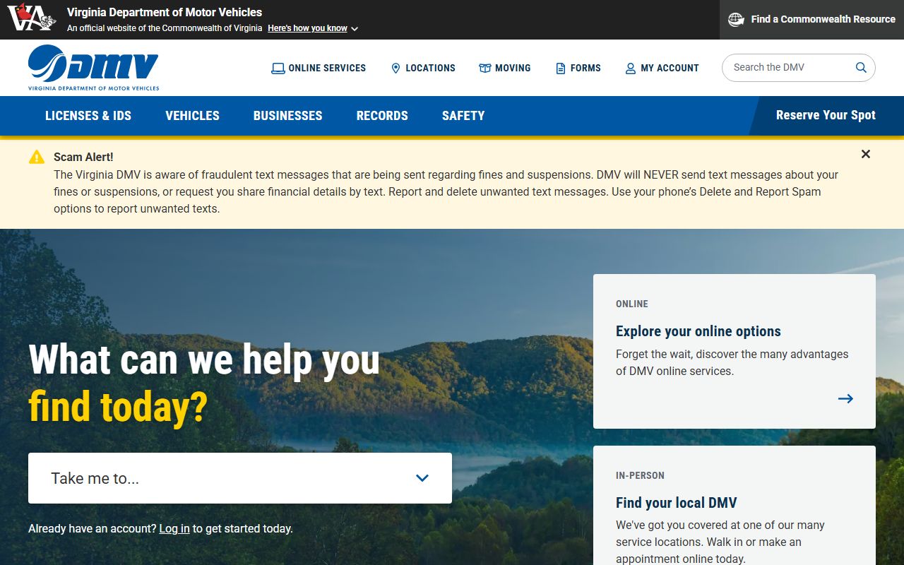 Virginia DMV official website for traffic ticket records