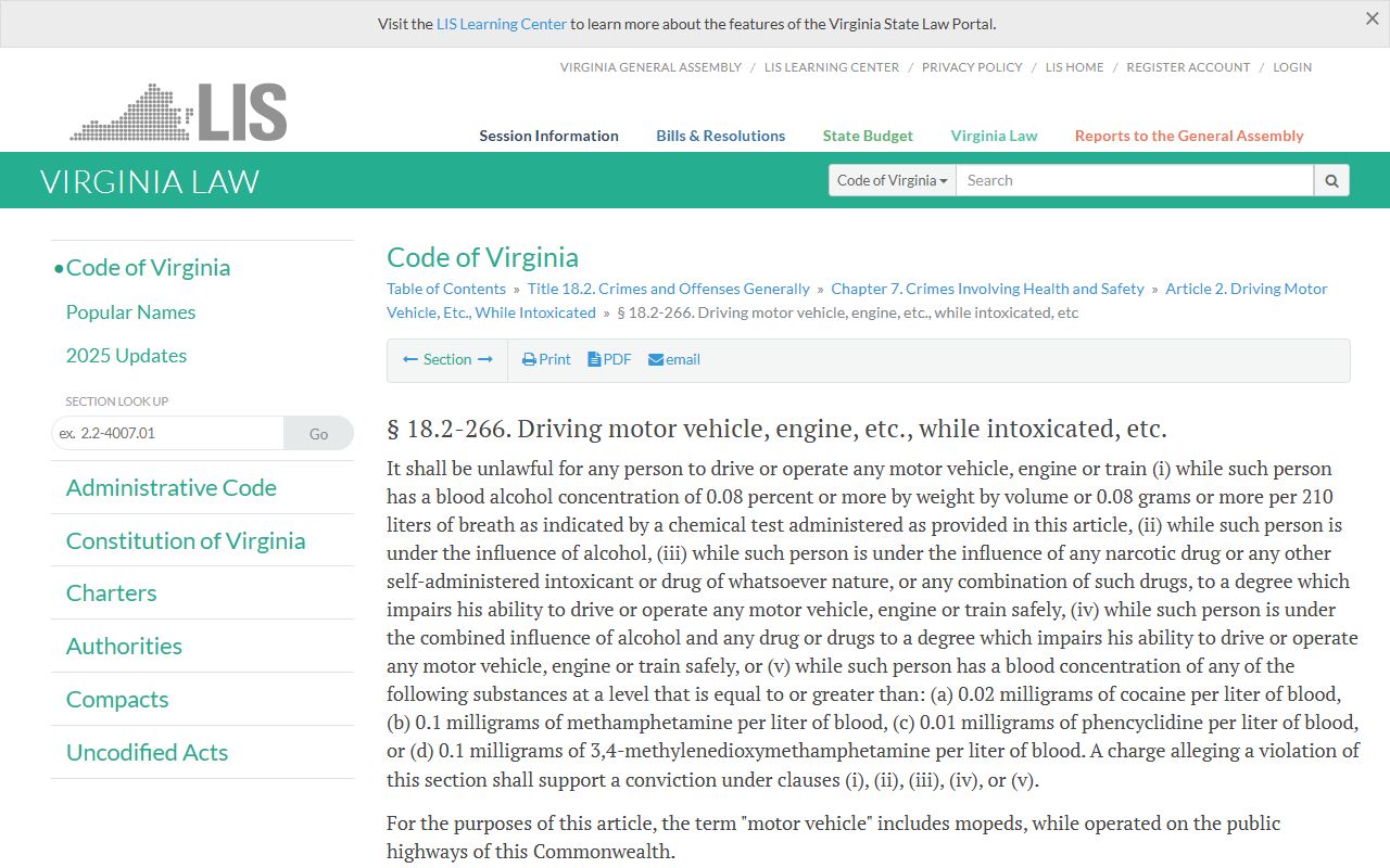 Virginia DUI and DWI laws traffic ticket records