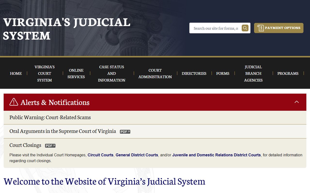 Virginia Judicial System website for traffic court records
